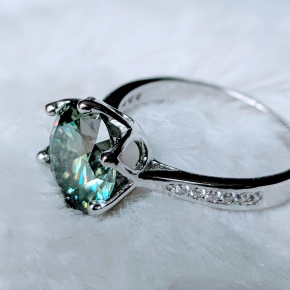 3CT Stunning Authentic Blue Green Moissanite Diamond Alternative Ring, Cathedral - Picture 9 of 13